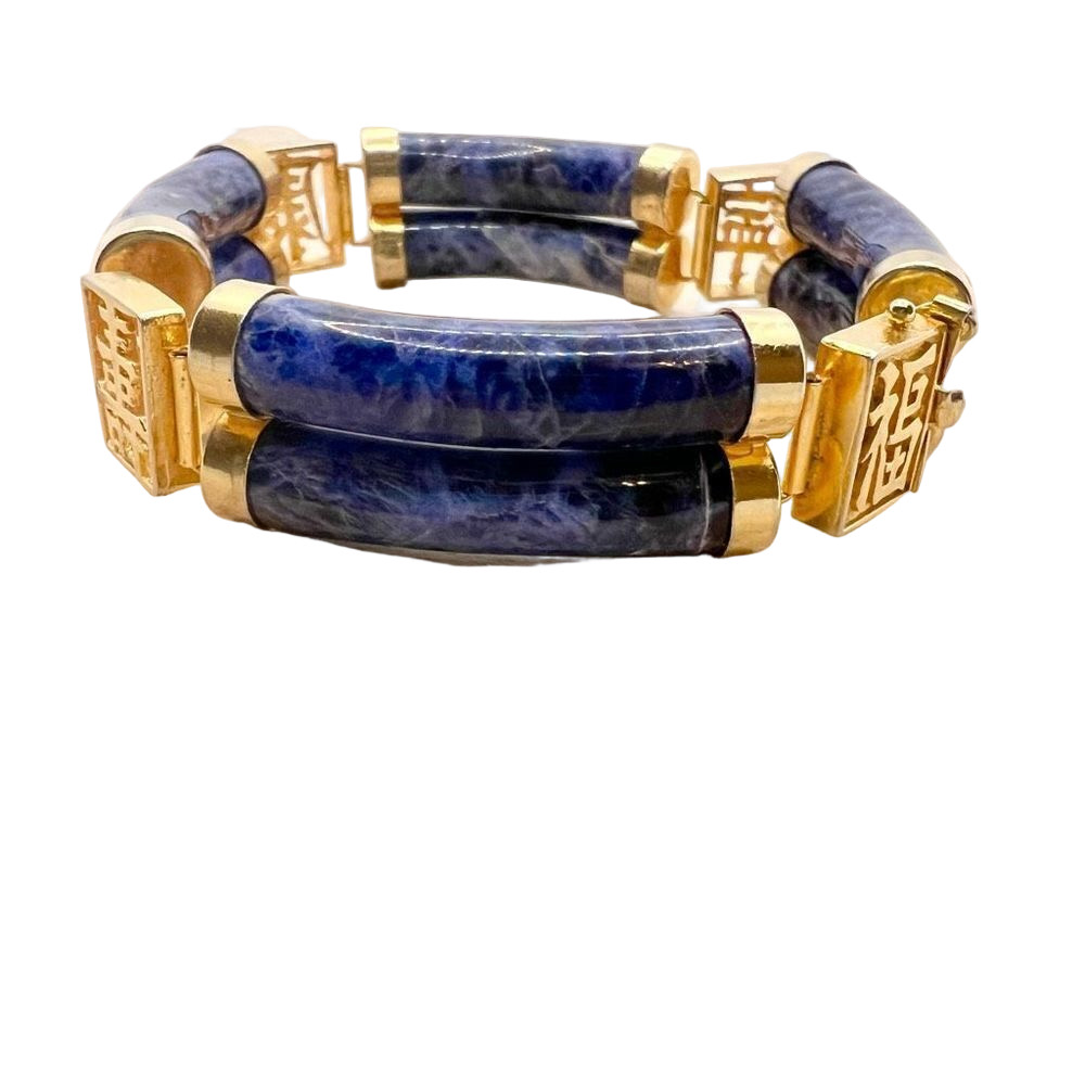 Sodalite and gold tone Chinese good fortune gold plated bracelet